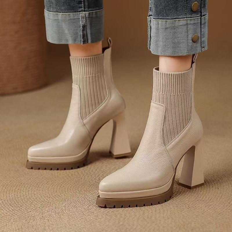Sock Boot Women - French Retro Pointed Toe Platform Stretchy